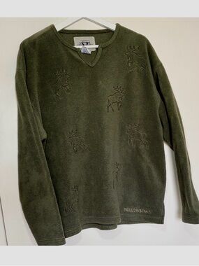 Vintage Arctic Image Olive Green Fleece Moose Yellowstone Sweater Large